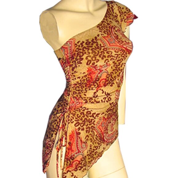 New Y2K One Shoulder Top Bodycon Made USA Leopard Animal Print Brown Resort Wear - Picture 2 of 5